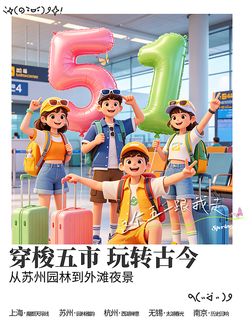 五一旅游3D卡通风格小红书封面