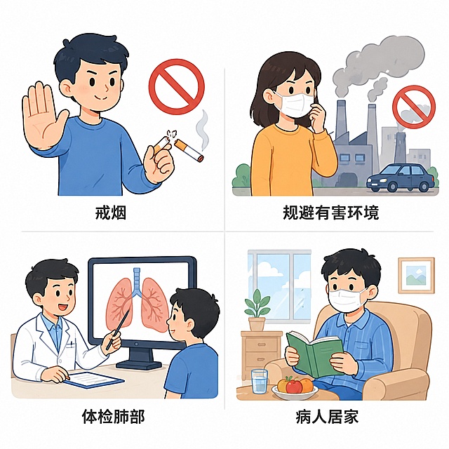 扁平化卡通风风格漫画，四等分画面，分别呈现：戒烟、规避有害环境、体检肺部、病人居家，白色底，干净简洁
