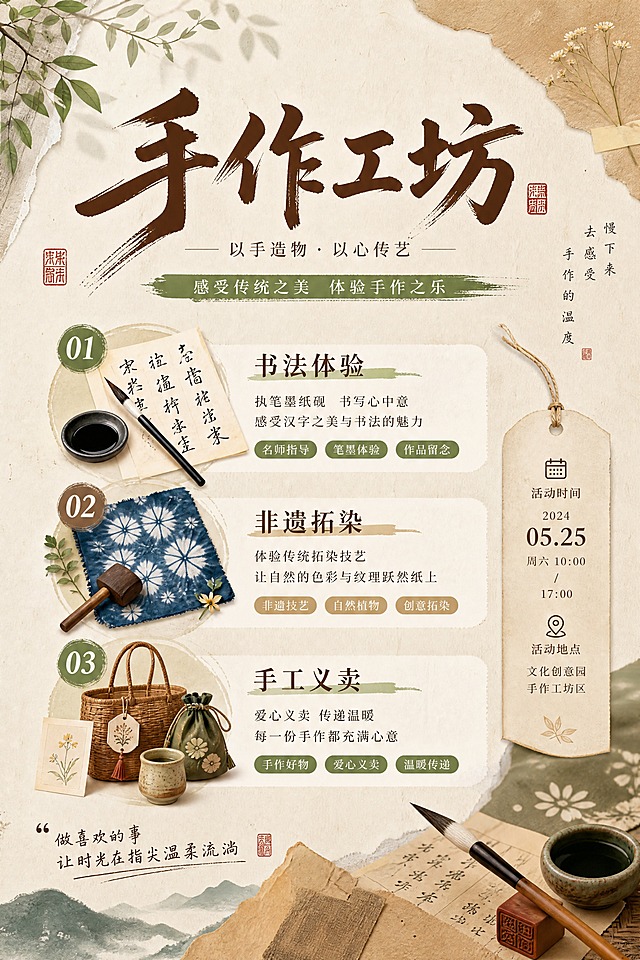 竖版展板设计，尺寸60x90cm（2:3竖版）。主题"手作工坊"，大字体文艺醒目，位于顶部。整体风格文艺温馨，充满手工创作的氛围。主色调为暖棕色、米色、绿色等自然温暖色彩。画面中有简洁的手作相关插画：毛笔书法、拓染工具、手工艺品等。主要活动内容清晰呈现：书法体验、非遗拓染、手工义卖。排版合理，层次分明，有文艺装饰元素如纸张、印章、植物等。整体设计简洁大方有质感，专业的活动展板设计风格，高清输出