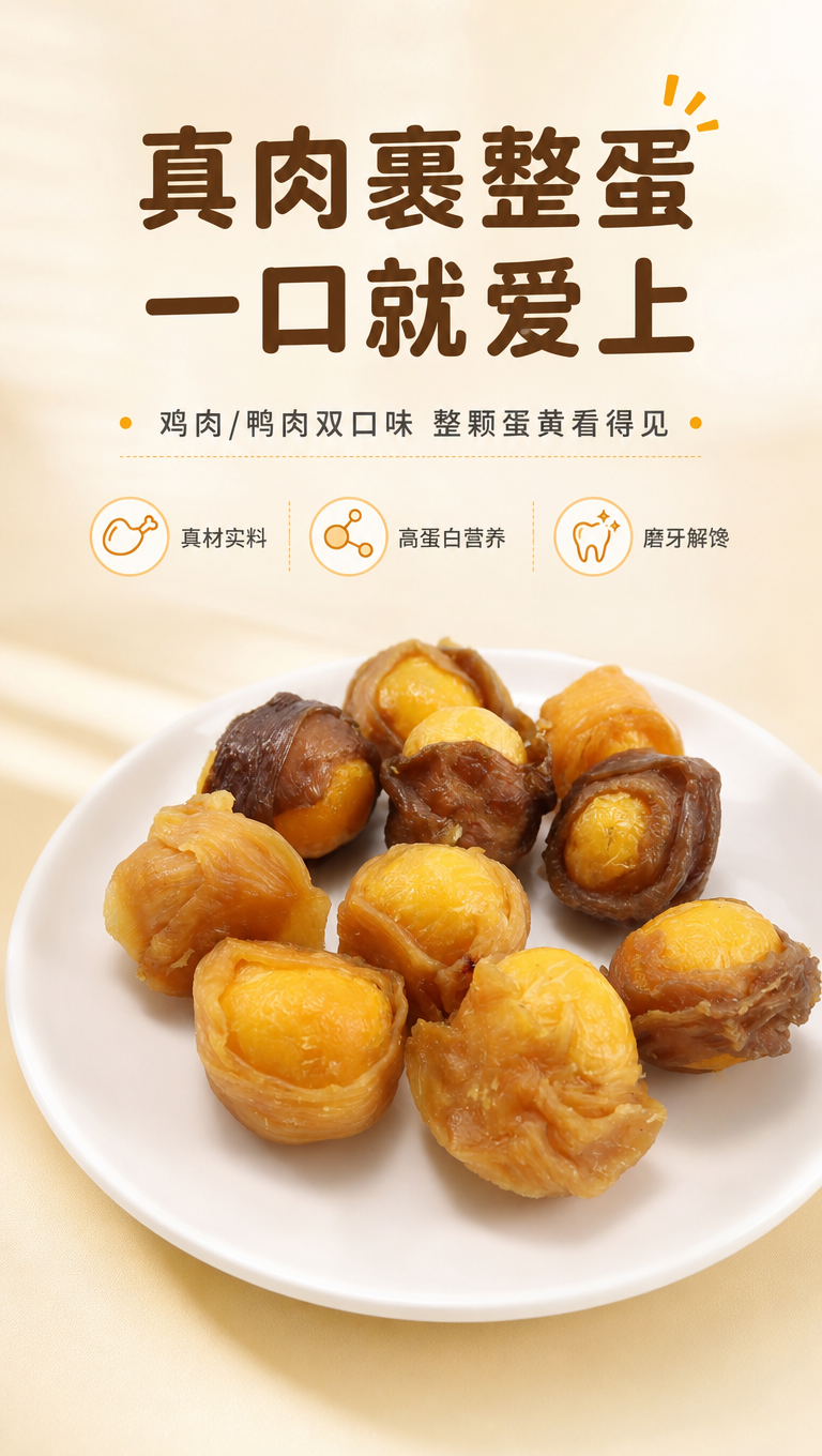 [商品] 使用【图1】肉绕蛋黄宠物零食，含浅色鸡肉绕蛋黄和深色… - 图片创意预览