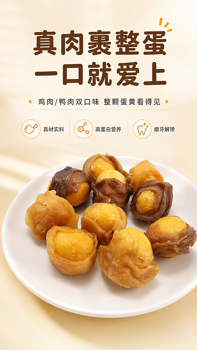 [商品] 使用【图1】肉绕蛋黄宠物零食，含浅色鸡肉绕蛋黄和深色鸭肉绕蛋黄两种口味；保留整颗蛋黄被肉层包裹的球形结构、蛋黄金黄色、浅色款浅黄肉质、深色款深棕肉质、真实肉干纹理与自然褶皱；不改变产品形态、颜色和材质。
[画面] 目标：食欲氛围头图，双口味全家福展示。构图：上文下图，上方约35%区域留白放标题文案，下方约65%区域为产品主体。主体位置：画面中下部，产品占画面约60%。摆放角度：白盘内自然散落摆放，浅色鸡肉款与深色鸭肉款错落分布，层次丰富。景别：中景偏近景，白盘完整露出。阅读动线：从上至下，先看标题再看产品。前中后景：前景白盘边缘、中景肉绕蛋黄主体、后景浅米色渐变背景+柔和光影。场景：清新简约桌面影棚感，干净浅底。
[视觉] 套系策略：风格=清新简约治愈系商业摄影，浅色系干净背景；标题字=圆润无衬线粗体（思源黑体Heavy类），亲切可爱；正文字=简洁无衬线体（思源黑体Regular类），清晰易读；主色=浅米杏+奶黄；背景延展=基于浅米杏做同色渐变、细腻纸张/哑光质感，由上至下浅米白过渡到浅奶黄；强调色=暖橙黄，仅用于小面积图标、引线、标签点缀；标题色=深暖棕；正文色=中暖灰；组件=圆角浅底信息卡、细线引线、小圆形icon；光影=左前侧柔和自然光，阴影淡而柔和，整体明亮通透。
[文字] 主标题：真肉裹整蛋 一口就爱上（8字，位于画面上部居中，大字号）；副标题：鸡肉/鸭肉双口味 整颗蛋黄看得见（14字，主标题下方，中字号）；3个小卖点icon+短句：真材实料、高蛋白营养、磨牙解馋，横向排列于副标题下方。文字区不遮挡产品主体。所有文字横排。
[规格] 图片比例9:16竖版，4K分辨率，负向提示：避免变形、错字、文字过小、冷蓝/蓝灰背景、产品颜色改变、结构失真、绝对化用语、二维码、水印。