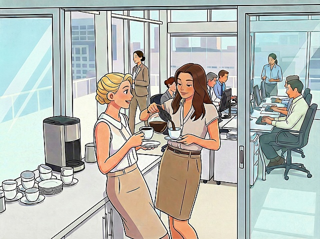 右边美女倒咖啡时，眼睛要稍微的看着杯子，其他不变