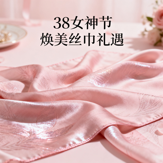 38女神节主题的丝巾网络广告，浪漫粉色精致场景，优雅的丝巾展示，整体风格柔美温馨高级，适合女性节日氛围，画面带有文案"38女神节 焕美丝巾礼遇"，高端质感，充满节日氛围感的商业广告图。预览效果