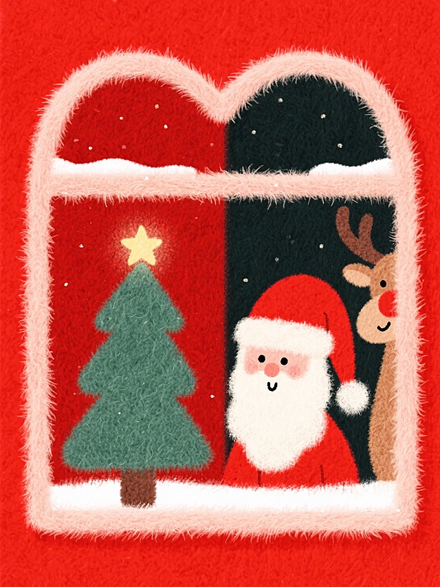 全红背景心形窗口，戴红帽圣诞老人露半脸、小圣诞树顶星亮着、驯鹿伸头，均向内张望，爱心边缘带毛绒毛边