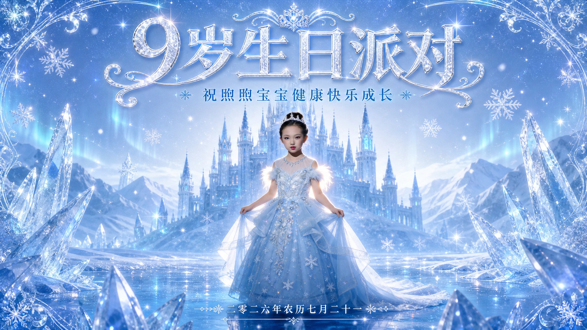艾莎公主主题9岁生日电视投屏海报，梦幻冰雪童话风格，冰蓝色与银… - 图片创意预览
