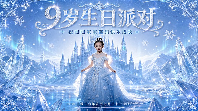 艾莎公主主题9岁生日电视投屏海报，梦幻冰雪童话风格，冰蓝色与银白色主色调，仙气空灵氛围。画面中央是参考图中的小女孩（保持脸型、五官、年龄特征不变），身穿艾莎风格冰蓝色亮片公主裙，头戴水晶皇冠，站在梦幻冰雪城堡前，周围漂浮着晶莹雪花与冰晶，柔焦漫射光，发丝发光，画面边缘有冰晶光晕效果。

文字排版：
- 画面顶部居中大标题："9岁生日派对"（华丽公主字体，银白色带冰晶光泽）
- 标题下方副标题："祝煦煦宝宝健康快乐成长"（优雅字体，浅蓝色）
- 画面底部居中："二零二六年农历七月二十一"（精致小字体，银白色）

版式精美，文字清晰可读，文字放在画面上下空白区域，不遮挡人物面部与主体；四周留足安全边距，适合电视投屏展示；超高清画质，电影级光影质感。

画面中所有数字必须精确渲染，不得出现错位、遗漏或编造的数字。
画面中所有信息区域必须填充完整合理的内容，不得出现空白框或待填写区域。