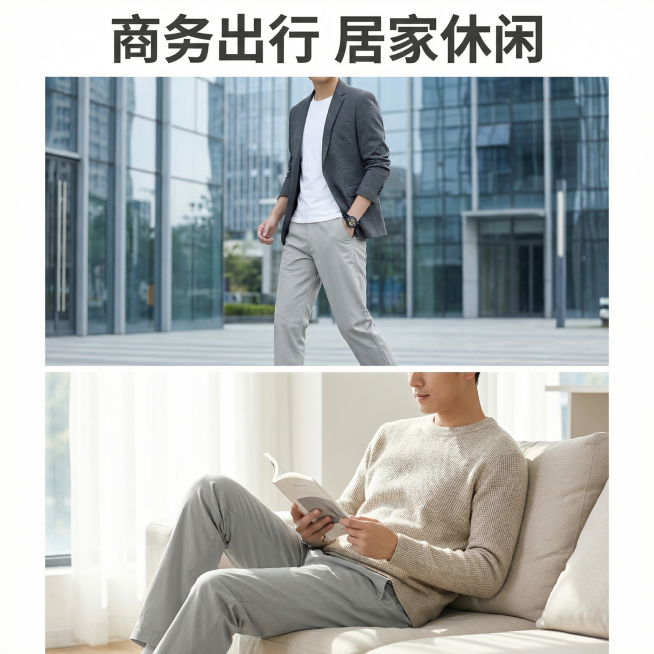 [主图 4] 多场景穿搭展示拼图
[氛围/风格] 轻商务多场景适配，简洁高级，抖音风格
[画面元素] 商业摄影质感、光线柔和通透、产品清晰真实、画面干净高级。画中画拼图布局，上半部分展示模特商务出行穿预览效果