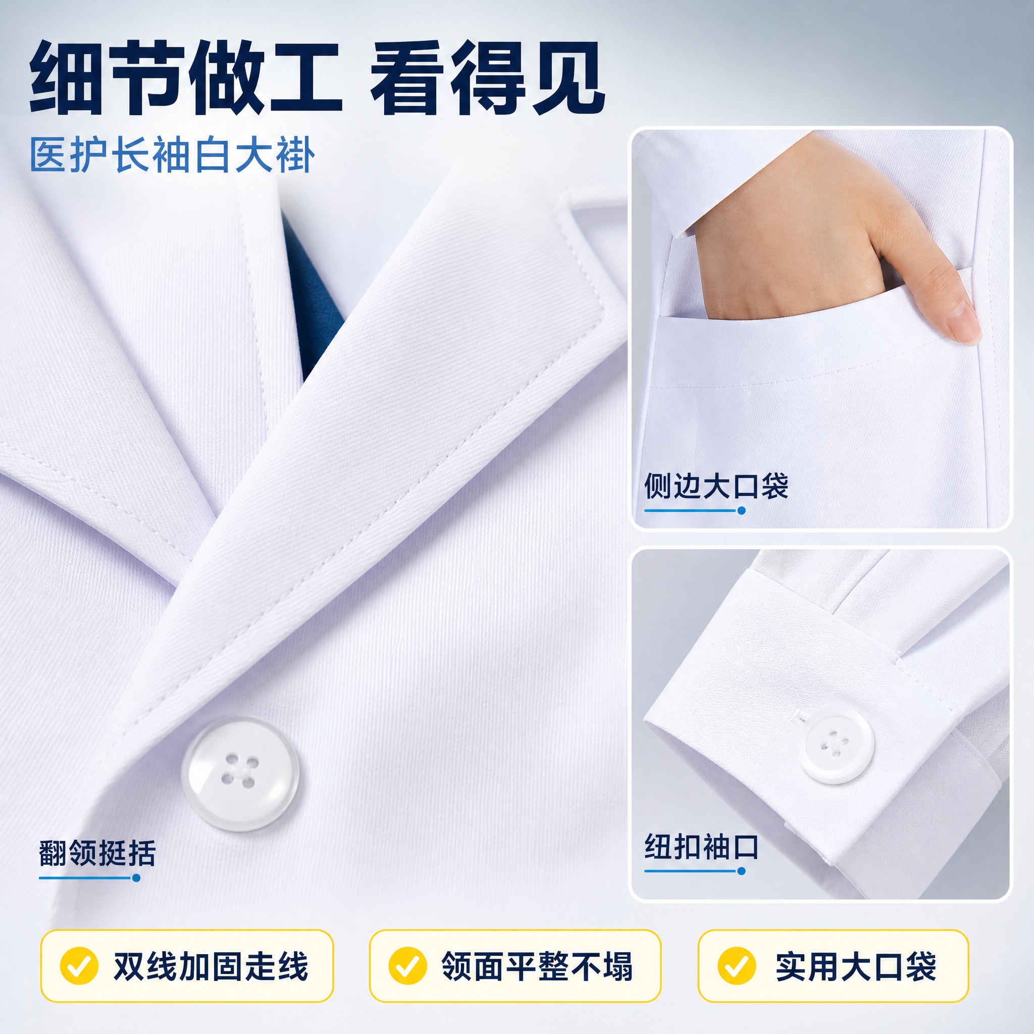 [主图-3] 商品名称「医护长袖白大褂」：做工细节特写，唯一人… - 图片创意预览