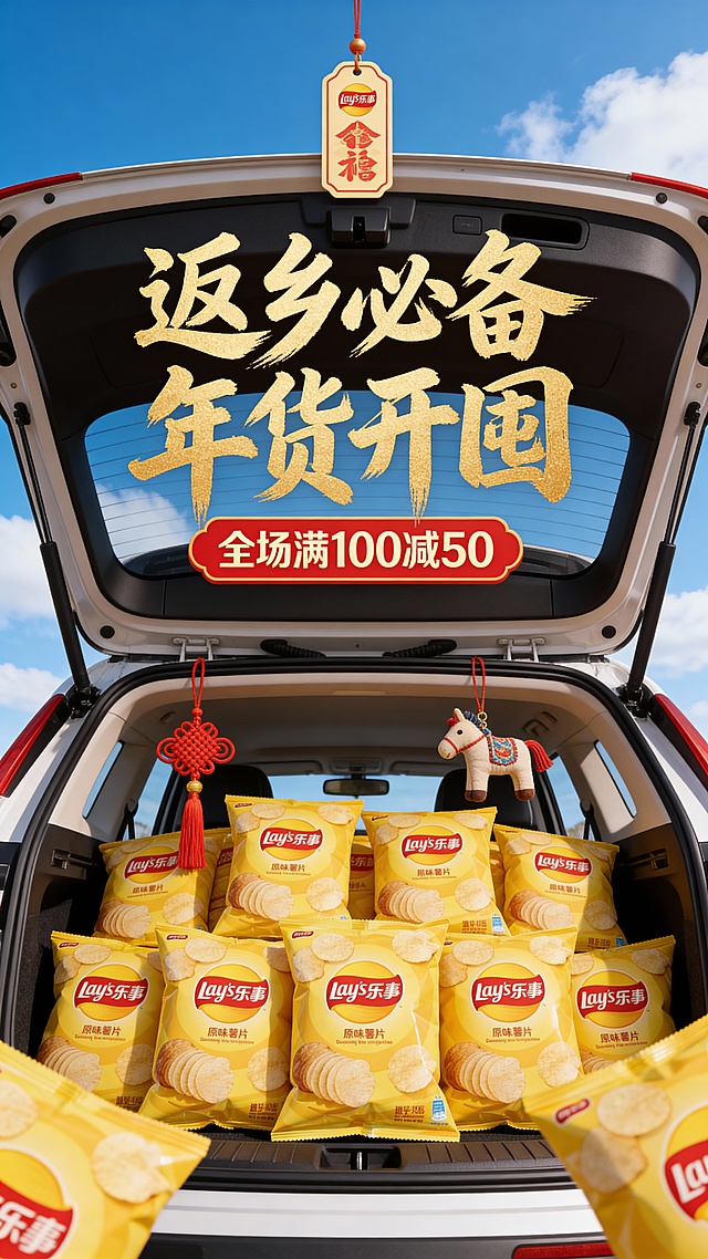 3D写实风，中景，视觉中心是一辆suv车的后备箱。主体被复制多个堆满后备箱（占画面比40%）。后备箱装饰中国结、布艺小马挂坠等过年元素。背景为户外蓝天白云，顶部喜庆感吊牌文本框中展示鎏金毛笔大字“返乡必备 年货开囤”，副标题位于主标题下方展示文字“全场满100减50”，突出春节氛围感。