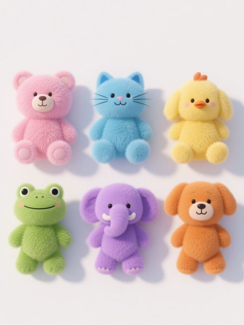 白色背景上，六个完全不同的毛绒玩偶系列素材规整排布，每个玩偶都具有超写实的3D渲染效果，展现出柔软蓬松的毛绒质感，高光和阴影细节丰富自然，色彩鲜明且各不相同，包括粉色小熊、蓝色小猫、黄色小鸡、绿色青蛙、紫色小象和橙色小狗，每个玩偶都有圆润可爱的造型和温和的面部表情，整体构图平衡对称，保持一致的高清摄影风格和温暖治愈的氛围。预览效果