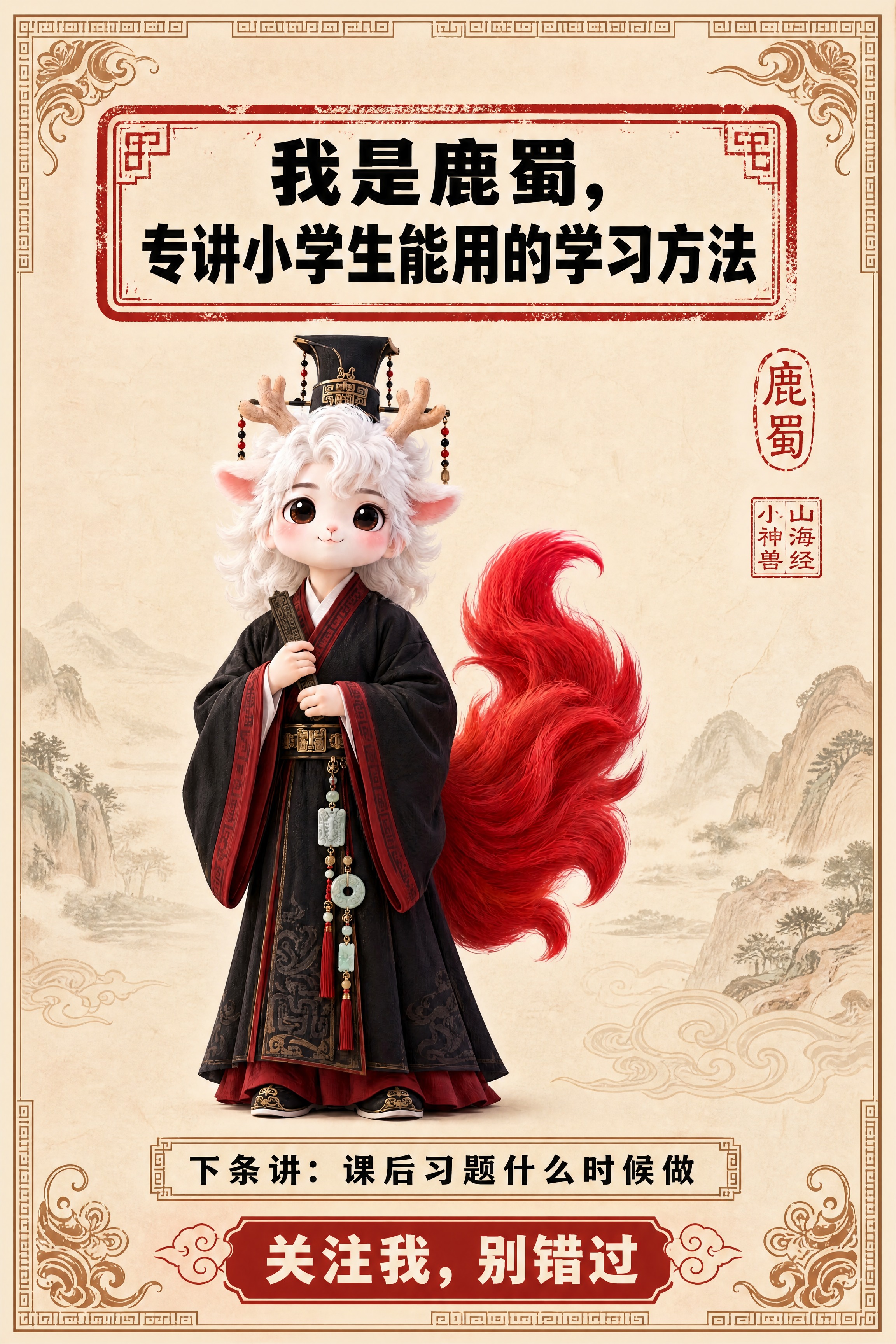 小红书笔记结尾页，统一模板，国风山海经风格，米黄色宣纸纹理背景… - 图片创意预览