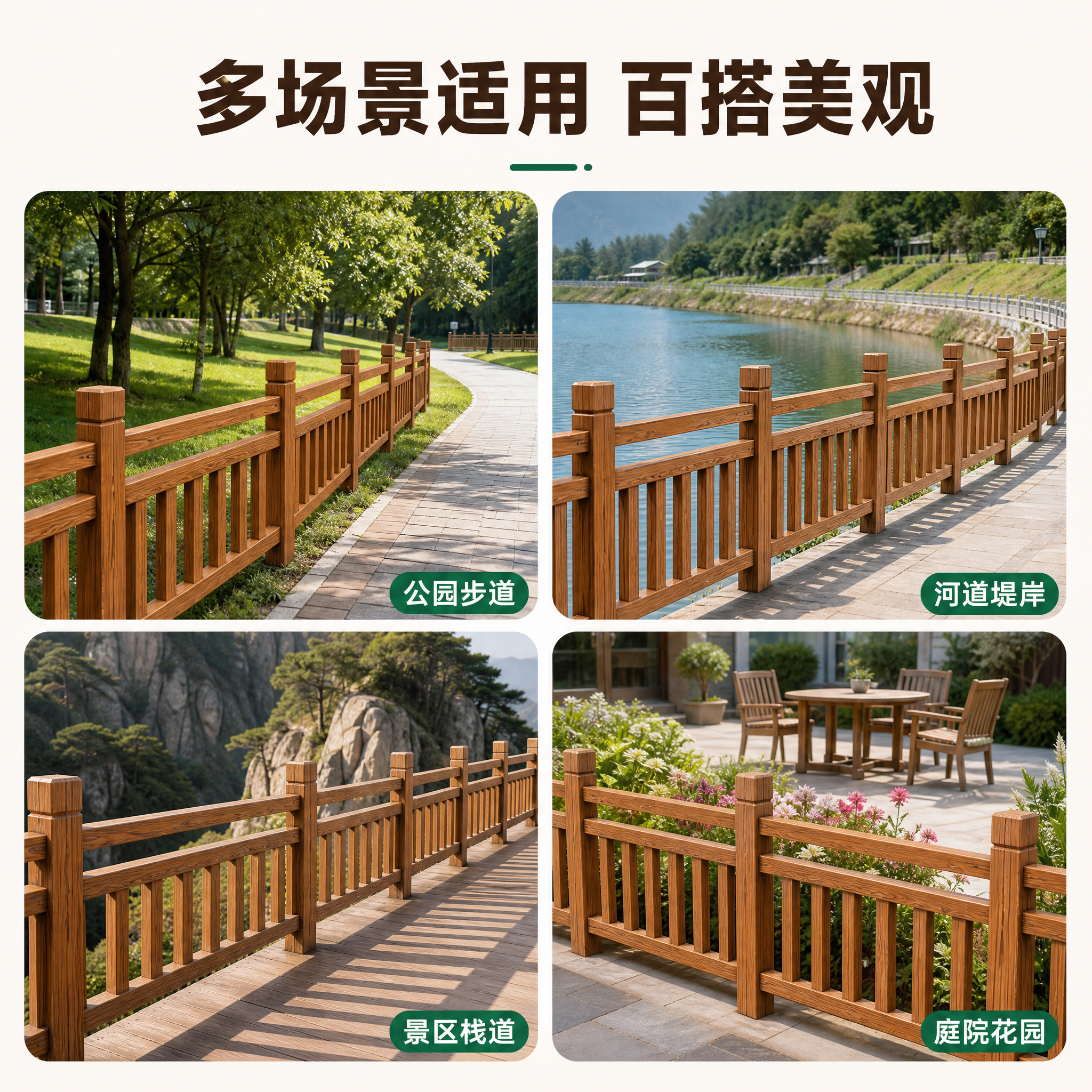 [主图-4] 主题：水泥仿木护栏多场景应用展示，任务是展示产品… - 图片创意预览