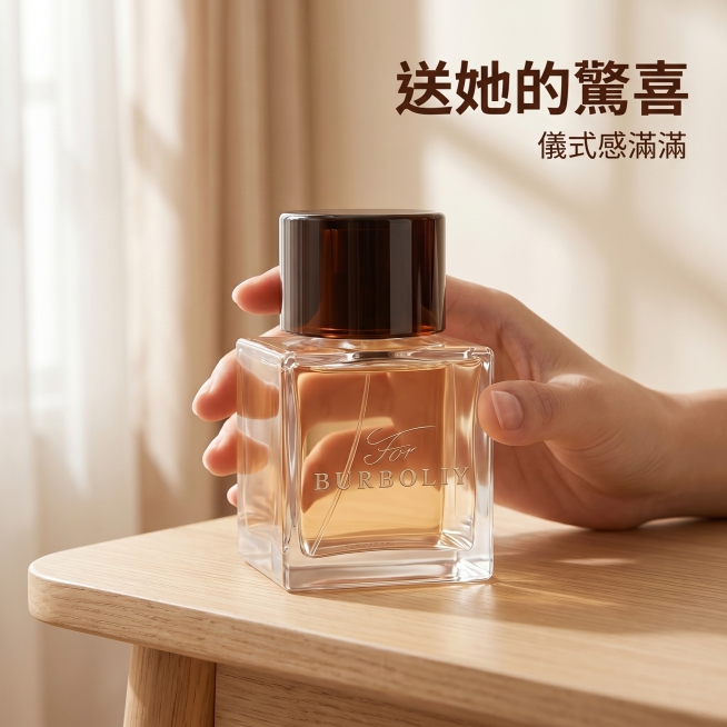 [主圖 4] 520送禮場景互動主圖
[氛圍風格] 浪漫生活感，溫柔儀式感
[畫質] 商業攝影質感，光線柔和通透，產品清晰真實，畫面乾淨高級
[元素] 保持原香水產品外觀，物理結構材質顏色完全一致，杜预览效果