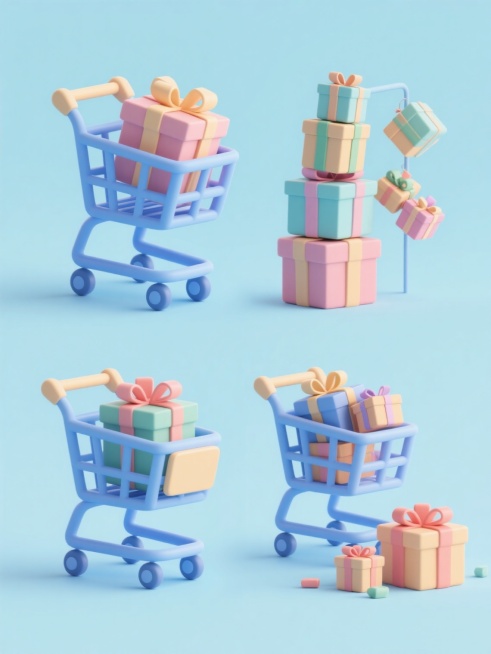 系列4个不同造型的电商购物元素集合，保持3D卡通风格，低多边形圆润设计，柔和马卡龙色调，纯色背景，每个元素均为蓝色购物车搭配不同色彩与大小的礼物盒，第一个购物车倾斜放置礼物盒，第二个购物车堆叠多层礼物盒，第三个购物车单侧挂满礼物盒，第四个购物车礼物盒散落式摆放，所有元素规整排列在同一画面，保持一致的光影效果与材质质感，整体呈现欢快、促销的电商氛围。预览效果