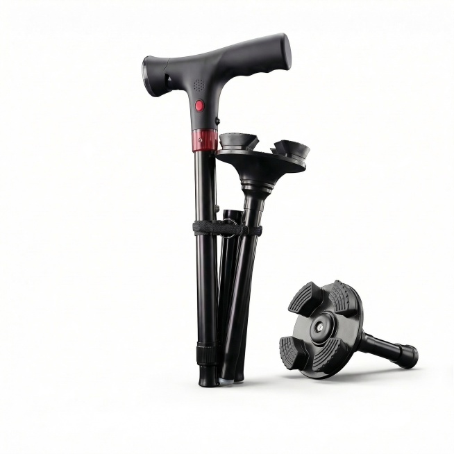 以提供的智能折叠拐杖为主体，生成跨境电商白底主图，背景为纯白色#FFFFFF，拐杖及配件居中摆放，产品占画面85%以上，无任何文字、边框、额外道具，清晰展示产品完整外观，保持产品本身的黑色机身、红色按预览效果