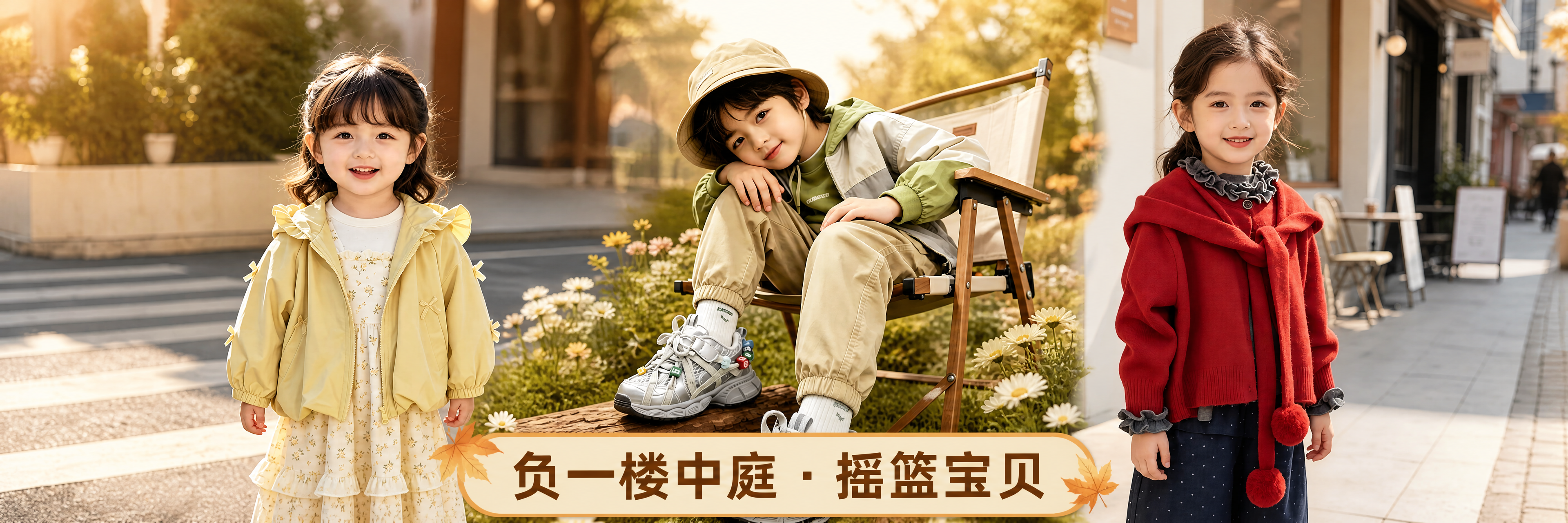 摇篮宝贝母婴品牌广告海报，超宽横版构图，整体统一温馨秋日暖色调… - 图片创意预览