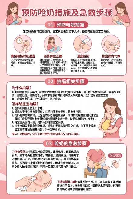 重新生成一张母婴科普宣传海报，主题为预防呛奶措施及急救步骤完整解析，保持粉色柔和温馨风格，包含全部原有文字内容和三大板块结构：01预防呛奶措施（4个要点）、02拍嗝相关步骤（原因和操作）、03呛奶急救预览效果