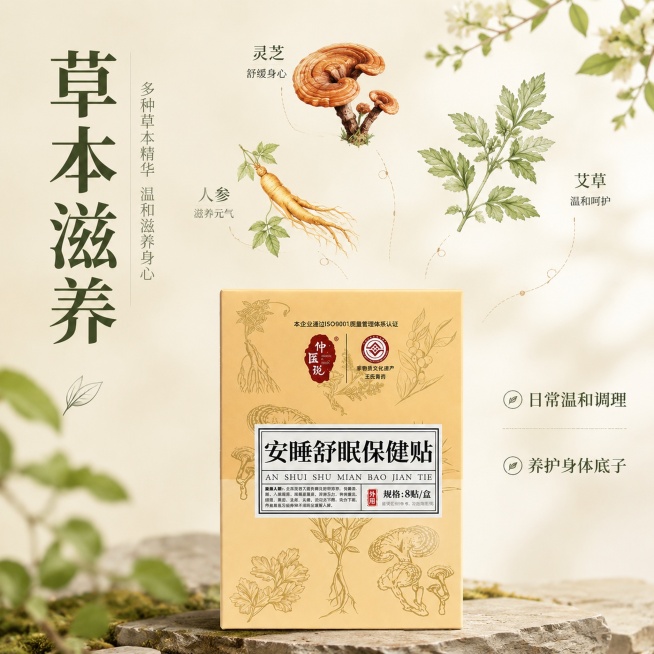 「图片1」，生成电商主图（8张），商品名称是安睡舒眠保健贴，卖点是安神舒缓：平复焦虑烦躁情绪，帮大脑放松；草本滋养：日常温和调理身体底子；加深深睡：减少浅睡多梦，睡得更沉更踏实；整夜修护：整晚持续作用预览效果
