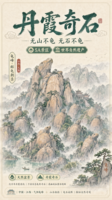 国风手绘复古水墨风格江西龟峰旅游海报，版式精美，主标题"丹霞奇石"，副标题"无山不龟 无石不龟"，背景是龟峰群龟朝圣景观，淡彩水墨山水，搭配标签：5A景区 世界自然遗产，卖点标注：天然盆景 丹霞奇石，预览效果