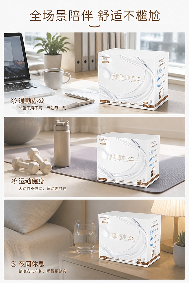 [第6屏] 详情页场景种草屏-多场景日常使用展示。本屏使用【图1】产品。
[氛围/风格] 日常生活化场景，清新自然，多图拼贴舒适质感。
[元素布局] 画面分为三格场景拼图：1. 通勤办公室场景：产品放置在办公桌；2. 运动健身场景：产品放置在瑜伽垫旁；3. 夜间休息场景：产品放置在卧室床头柜；每个场景大小一致均匀分布，产品【图1】包装在每个场景中自然摆放，保留原有文字信息完全一致。
[光影质感] 每个场景采用柔和自然光线，整体清新明亮，场景氛围真实自然。
[配色色系] 全局底色 #F8F8F8；主色低饱和浅色调，每个场景色彩协调统一；保留产品白金配色。
[视角构图] 三格纵向排列拼图，阅读动线从上到下逐场景浏览，排版整齐。
[文字版式] 顶部主标题「全场景陪伴 舒适不尴尬」，每个场景配一句短场景文案，文字简洁位于场景左下角，不遮挡产品主体。
[比例分辨率] 3:4竖版比例，4K分辨率，文字清晰可辨，高清画质。
[负向提示词] 包装变形，文字错乱，缺件错件，颜色偏差，水印，产品图模糊，场景杂乱。