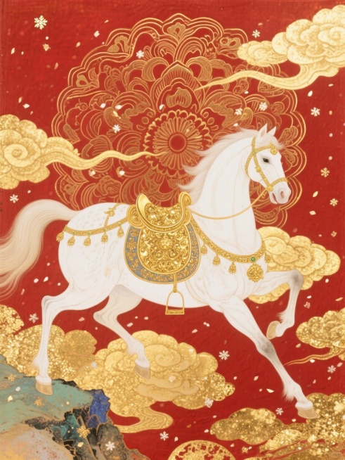 主体是一匹饰有华丽鎏金鞍具的白色奔马，背景为红金相间的宝相花纹样，周围环绕金色祥云与飘落金箔，整体呈现大气祥瑞的国潮风格。预览效果