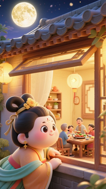 画面呈现金色调：巨人版胖嫦娥（看起来可爱又漂亮，大眼睛）趴在窗户外，看窗户里微缩的一家人吃团圆饭。非常规的创意构图，中秋节庆的氛围，顶部硕大的月亮，预览效果