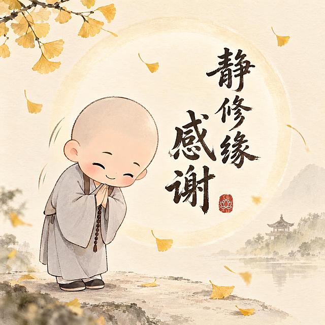 禅意风Q版男性人物感谢表情包，gif动图风格，可爱Q版小和尚形象，光头，穿着浅灰色僧袍，双手合十鞠躬致谢，面带微笑，背景为淡雅米白色，有几片飘落的银杏叶和淡淡的禅意圆形光晕，画面中央有书法字体的"静修缘 感谢"文字，整体色调柔和温暖，水墨淡彩风格，简约禅意，动态感表现为轻轻鞠躬和树叶飘落