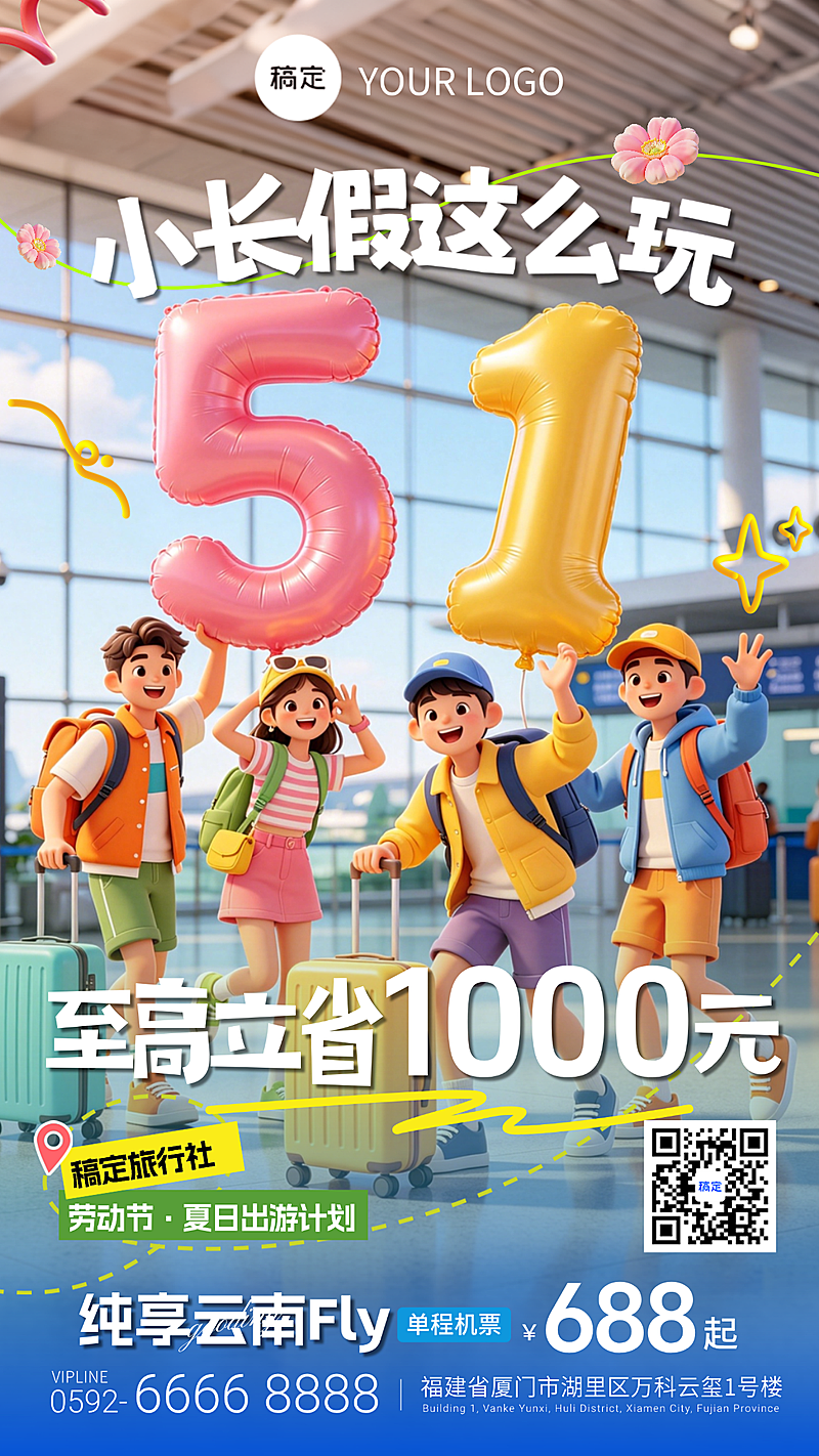 五一旅游软3D卡通风格促销活动竖版海报