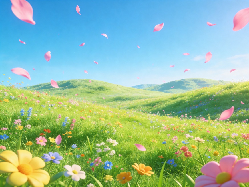 三维立体风格，春日主题电商背景图，生机盎然的春日草原，嫩绿色的草地上点缀着五彩斑斓的小花，远处是清新的低矮山丘，画面上方是澄澈的蓝天，粉色花瓣正在空中轻轻飘落，整体画风清新明亮，色彩饱和度高预览效果