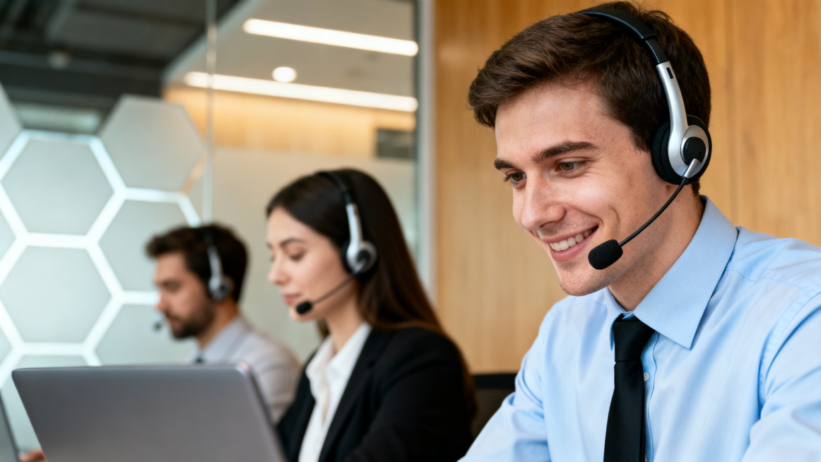 Professional call center office scene, medium close-up, slightly right-biased eye-level perspective.预览效果