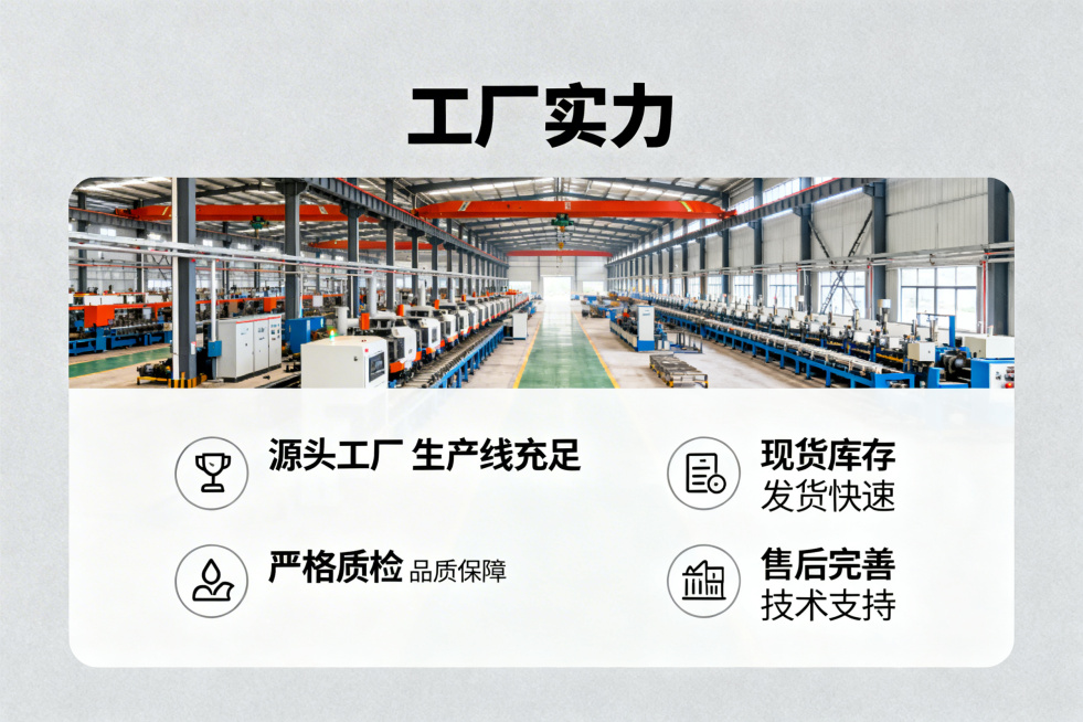 工业浅灰色背景，工厂实力模块，标题"工厂实力"用加粗字体突出，上方展示工厂生产线全景图，下方用带图标列表呈现实力："源头工厂 生产线充足
严格质检 品质保障
现货库存 发货快速
售后完善 技术支持"，预览效果