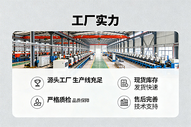 工业浅灰色背景，工厂实力模块，标题"工厂实力"用加粗字体突出，上方展示工厂生产线全景图，下方用带图标列表呈现实力："源头工厂 生产线充足
严格质检 品质保障
现货库存 发货快速
售后完善 技术支持"，体现工厂的专业与实力