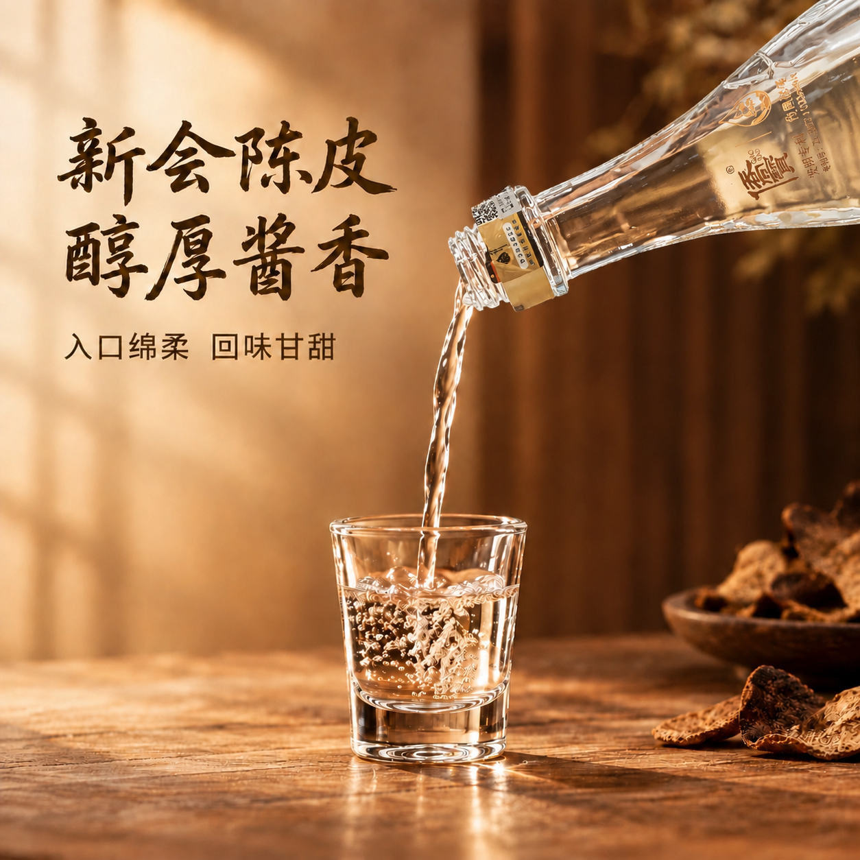 将图中的酒瓶改为透明玻璃材质，保持瓶身上现有的图案、文字、款式… - 图片创意预览