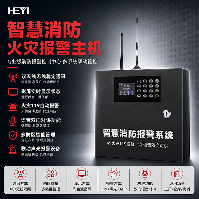 [单张主图] 智慧消防火灾报警主机 爆款促销感主图 同时承担点击理解信任转化四个任务
[画面主体] 画面中心偏右放置智慧消防火灾报警主机主体，保持与输入图完全一致的黑色金属外壳、双天线设计、彩屏显示界面、圆形按键区、右侧锁孔、底部白色文字，主体占画面约55%，完整不切割不扭曲；左上角放置HEYI品牌LOGO，与输入LOGO一致。
[构图版式] 采用左文右品标签参数型版式：左侧40%区域放置主标题和核心卖点列表，右侧60%放置报警主机主体；底部20%通栏放置核心功能参数条，填满画面不留空白。
[场景元素] 背景为深灰到浅灰渐变的科技感棚拍背景，带有细微网格纹理；主机周围有柔和光晕，体现金属质感；左侧卖点前配简约线稿图标；底部通栏用浅灰卡片分区展示6项核心参数。
[文案版式] 左上角HEYI LOGO；左侧上方超大粗体主标题分两行："智慧消防""火灾报警主机"；主标题下方副标题："专业级消防报警控制中心 多系统联动管控"；副标题下方5组卖点短句配图标："双天线无线稳定通讯""彩屏实时显示状态""火灾119自动报警""语音双向对讲功能""多防区智能管理""联动声光报警设备"；底部通栏6个参数块从左到右："通讯方式 4G/无线双频""防区数量 多防区管理""显示方式 彩色液晶屏""报警方式 119+声光+APP""对讲功能 双向语音对讲""适用场景 工厂/仓库/商铺"。
[光影质感] 柔和棚拍光，黑色金属外壳有细腻高光和纹理，屏幕发光自然，底部有柔和接触阴影，背景渐变干净专业。
[配色字体] 主色消防红与深灰搭配，辅助色白色与浅灰；标题用消防红粗黑体，辅助文字用深灰无衬线体，图标用红色点缀；杜绝深色单一颜色与过于彩色。
[比例分辨率] 1:1正方形比例，2048px，2K分辨率，文字清晰可辨。
[负向提示词] 产品变形扭曲，水印，错字，糊字，伪LOGO，主体遮挡，背景杂乱，低清晰度，错误结构，深色单一背景，过于彩色花哨，屏幕内容错乱，按键变形。