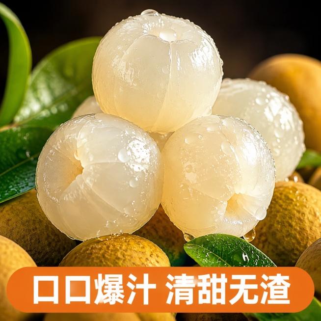 [主图-6] 果肉堆特写，凸显多汁爆浆口感。
[氛围风格] 浓郁食欲感，水润新鲜，质感诱人；
[画质] 微距商业摄影，细节纹理清晰，果肉通透水润。
[元素] 去壳龙眼果肉堆叠在完整带壳龙眼之上，一共四预览效果