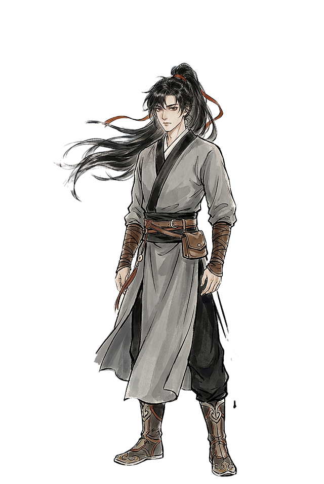 基于这张古风高马尾男生插画，生成同风格的男生立绘，保留人物容貌和水墨插画质感，画面为立绘形式