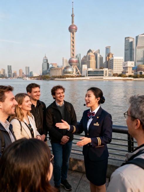 帮我生成导游带外宾游玩上海的图片，7张预览效果