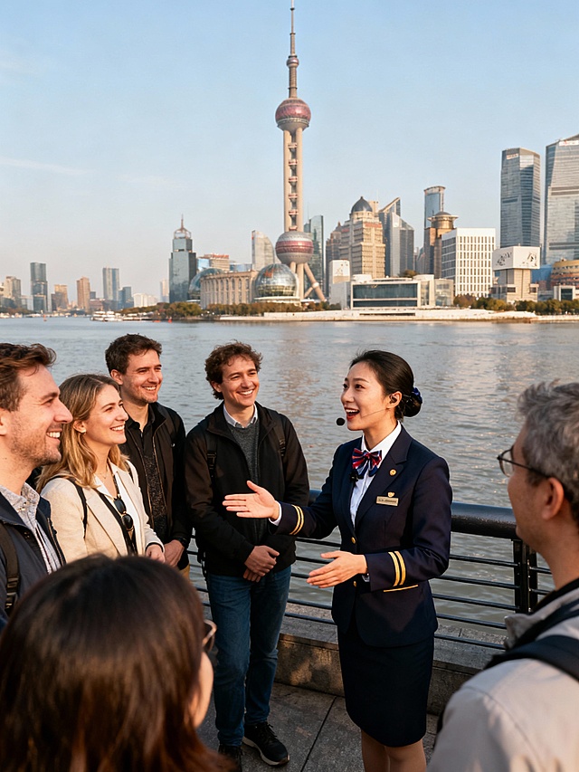 帮我生成导游带外宾游玩上海的图片，7张