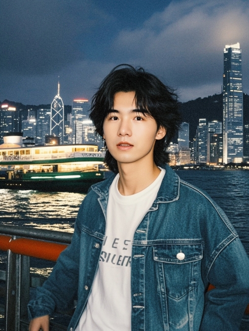 人物穿着牛仔外套配白 T 恤，站在码头边，背后是渡轮和维港夜景，轻微模糊感，港风电影截图风格预览效果