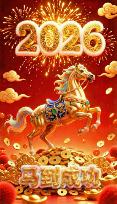 国潮风海报，暗红色祥云纹理层次立体感背景，巨大的“2026”数字，数字内部填充金色祥云纹理，带有焦散光泽效果，“2026”数字从中间断开，上面为“20”下方为“26”，上下左右对齐。中间位置有一个昂头预览效果