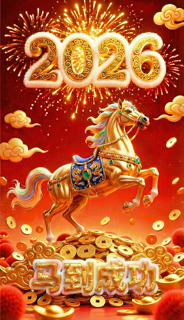 鎏金3D国潮风，重拟物浮雕马跃金币堆，烟花绽放，金属质感与毛绒边饰交织，喜庆梦幻奢华迎2026春节。