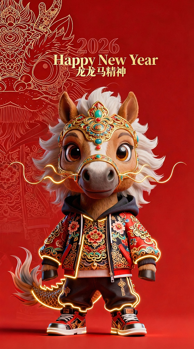 软3D风格萌马拟人形象，国潮风服饰搭配鎏金细节与霓虹灯效，喜庆红底衬托卡通可爱感，传递2026龙年“龙龙马精神”节日氛围。