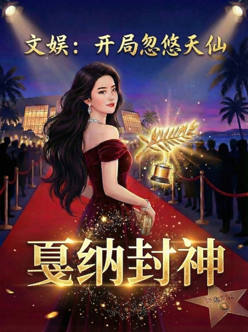 将图片顶部原来两行文字改为一行，只保留文字"文娱：开局忽悠天仙"放在顶部，文字不要遮挡图中美人的头发和脸部，完全露出美人头发和脸部，其余所有内容保持不变，保持原图的整体风格和设计不变。预览效果