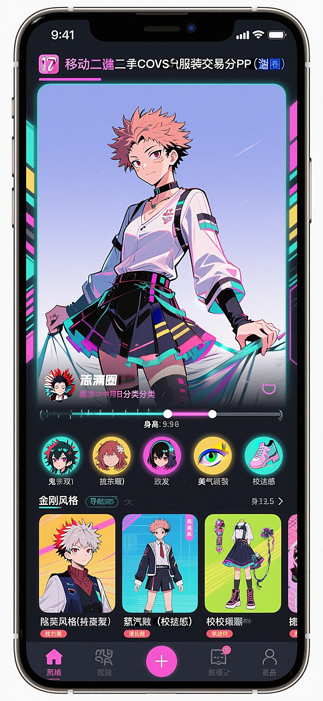 📱 底部导航栏（五大金刚）1. 🏠 主页（广场）功能描述： 类似小红书的双列瀑布流，但只展示二手/定制/手作C服。特色卡片：“今日出没角色”：顶部滚动小标签（如：#五条悟 #小樱 #原神）。“急！漫展前急救”：专区，展示距离漫展3天内还能送达或同城自提的物品。“同校/同城”：基于LBS推荐，显示“XX国际学校 3人正在出 祢豆子”。2. 👗 分类（逛圈）功能描述： 整理癖狂喜的分类体系。分类维度：按作品（咒术回战/鬼灭/原神/光与夜之恋…）按部位（假发 / 美瞳 / 鞋子 / 道具武器 / 成品衣）按风格（Lo裙改 / 蒸汽波 / 校供感 / 暗黑系）特色功能： “身高/尺码匹配” 滑块。高中生还在长身体，输入自己身高和三围，直接筛选出穿着合适的衣服（避免买到穿不下的痛衣）。3. 📸 发布（中间凸起大按钮）icon设计： 一个带腮红的拍立得相机。发布流程：拍下实物图（必须上传带ID手写纸条的防骗图？可以但可选）。“箱损/瑕疵标注” 功能：新手卖家难免买到有瑕疵的，可以在图片上直接圈出“这里有点脱线”或“背后有轻微污渍”，避免纠纷。“试穿参考”：如果卖家本人有上身图，可以加一个“试穿滤镜”（类似AR特效，遮挡面部保护隐私，但展示上身效果）。4. 💬 消息（コミュニティ）功能描述： 社交与聊天。特色模块：“扩列墙”：可以发布交友信息，找同好一起去漫展。“拼团/拼邮”：很多海外代购C服运费贵，可以在这里找同城或同好拼单。聊天框：发送“拍下未付款”提醒，自带颜文字键盘。5. 👤 我的（推し活记录）功能描述： 个人中心。特色模块：“我的衣柜”：已购物品列表，可以记录“这件出过XXX角色”。“种草清单”：收藏夹。“我的出物”：管理发布的商品。“信用值”：基于交易记录给出的“好こえ~”（好感度）评分，类似闲鱼信用，但图标是可爱的星星或宝石。✨ 针对高中生痛点设计的“杀手级功能”1. “以物换物”模式（物々交換）很多高中生零花钱有限，买来的C服出掉可能只穿一次。功能： 在商品页增加一个“想换”按钮。你可以用自己穿过的【初音未来】服装，去交换别人的【马修】cos服。App提供双向邮寄担保，只收一点点保险费。2. “假发救援”专区假毛（假发）是最容易买错/变形的。功能： 专门分区给 “未打理/已造型” 的假发。并内置 “修剪教程” 短视频（可以跳转B站合作链接）。买假发送护理小卡。3. “家长友好模式”有时候寄到学校的快递怕被家长发现。功能： 快递单上可以勾选 “隐藏物品描述”，发货方填写为“复习资料”或“文具”。（贴心小细节！）4. 急急急！道具3D打印代工联系附近的创客空间或学校里的技术大佬，如果你的亚克力武器断了，可以在App上找“手作娘”或“3D打印代工”，上传图纸，本地交货。💬 一些小彩蛋设计加载动画： 是一个转圈圈的魔法阵。404/空页面： 显示一只流泪的粘土人，配文“呜哇！商品被买走啦~”。暗黑模式： 名字叫“夜场模式”，适合在被窝里偷偷逛。