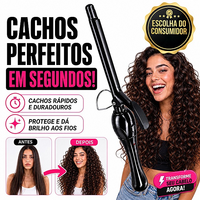 Página principal de produto estilo TikTok Shop Brasil, fundo branco puro com detalhes rosa neon. Modelador de cachos preto grande em destaque no centro ocupando 45% da imagem, acabamento brilhante premium. Mulher jovem brasileira ao lado direito com cabelos cacheados volumosos e perfeitos, sorriso grande e animado, usando top preto e jeans. Título enorme em negrito na esquerda: "CACHOS PERFEITOS" em preto, "EM SEGUNDOS!" em rosa neon com fundo preto. Selo dourado no canto superior direito: "ESCOLHA DO CONSUMIDOR". 2 cápsulas de benefício com ícones: ⏱️ CACHOS RÁPIDOS E DURADOUROS, ✨ PROTEGE E DÁ BRILHO. Comparação ANTES x DEPOIS na base com seta rosa. Estilo viral, alta conversão, fotografia realista, textos em português brasileiro, proporção 1:1, 4K