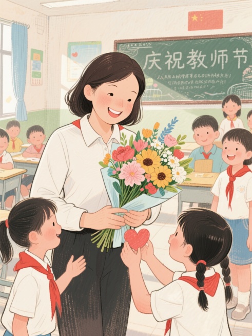 庆祝教师节，学校背景，老师拿着一束鲜花幸福的微笑，孩子和老师在爱中互动，人民教育出版社风格插画预览效果