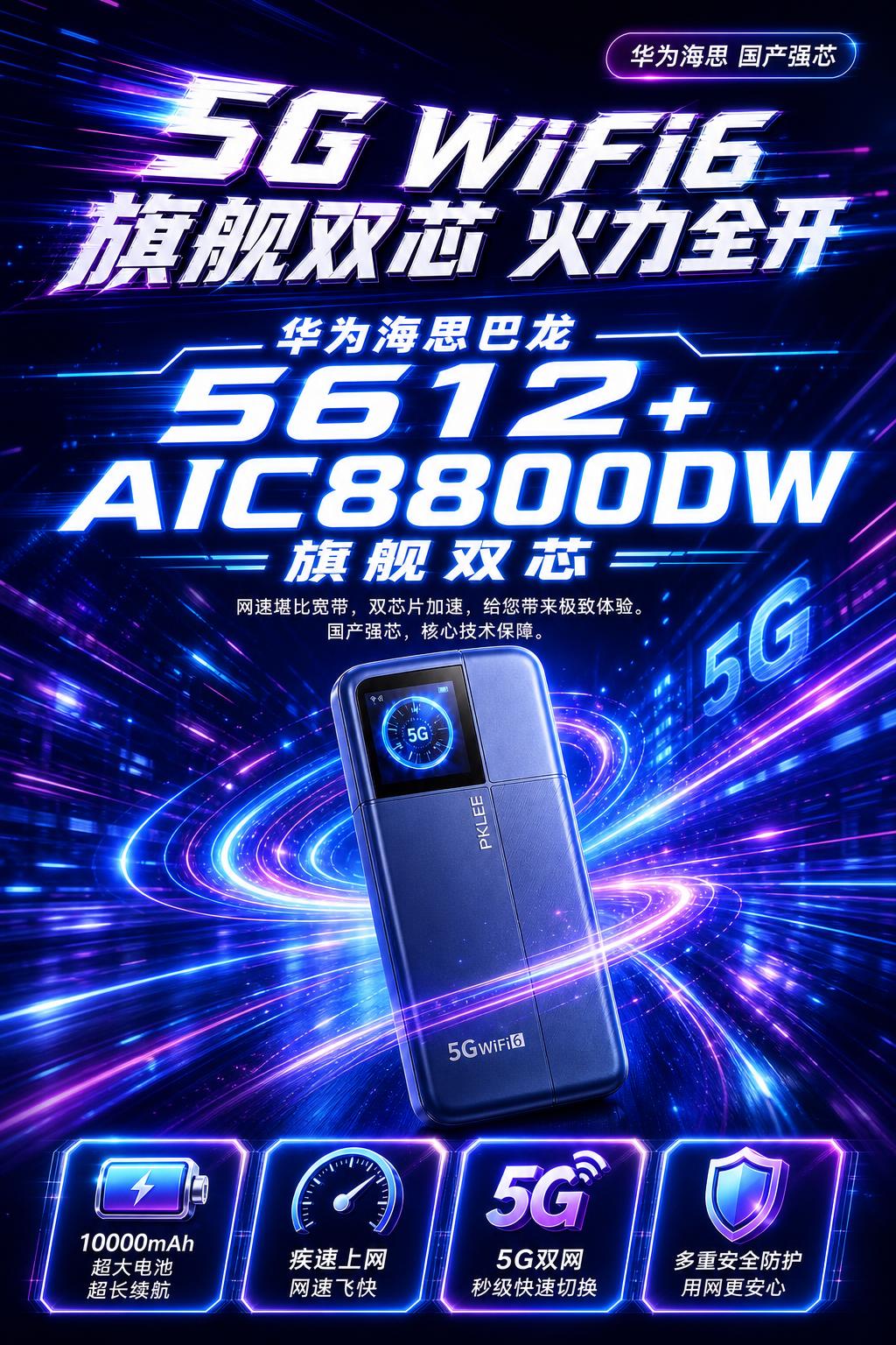 基于这张5G WiFi6海报，保留蓝紫色科技光效背景和产品，重… - 图片创意预览