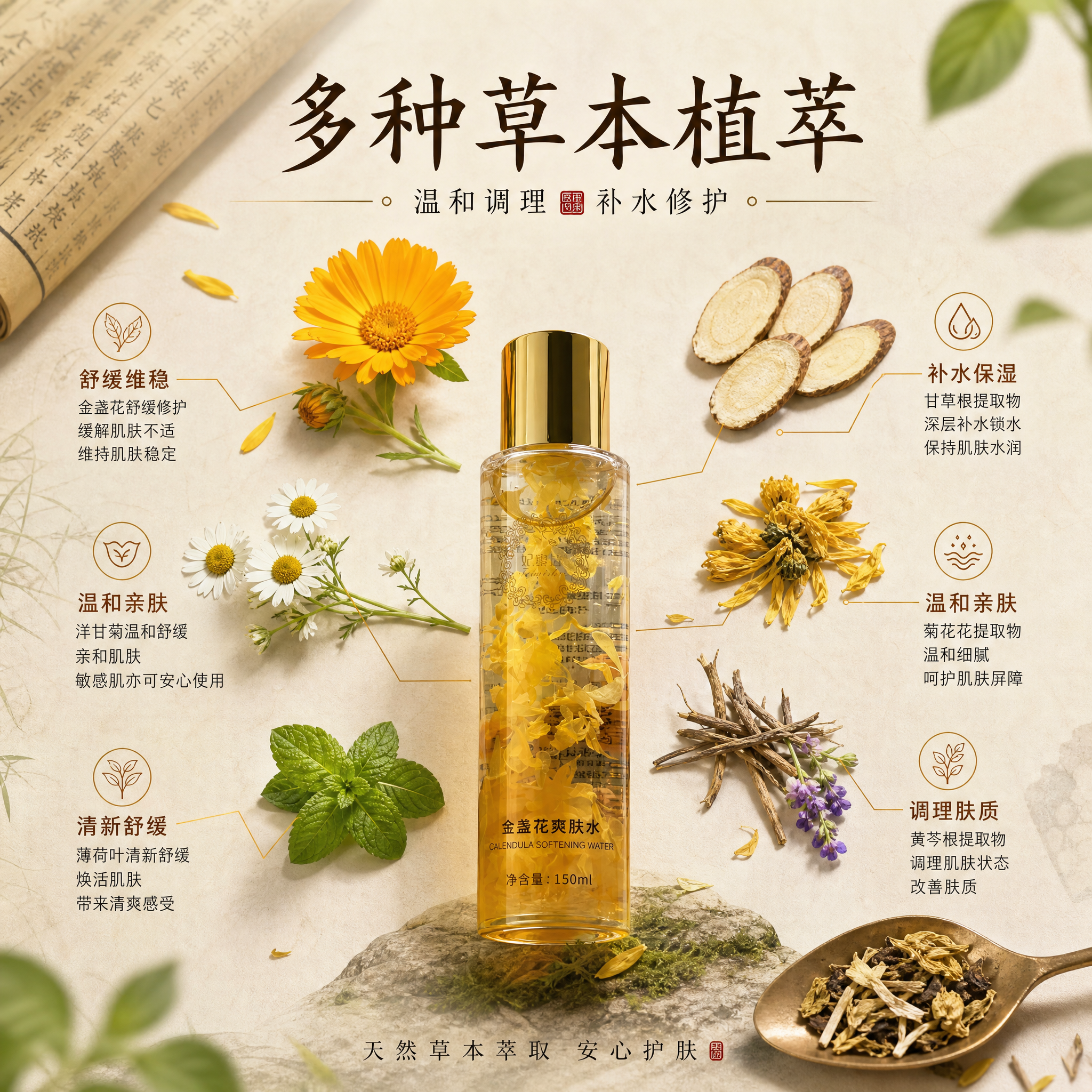 [主图-2] 多种草本成分解析图，突出天然草本萃取与护肤功效，… - 图片创意预览