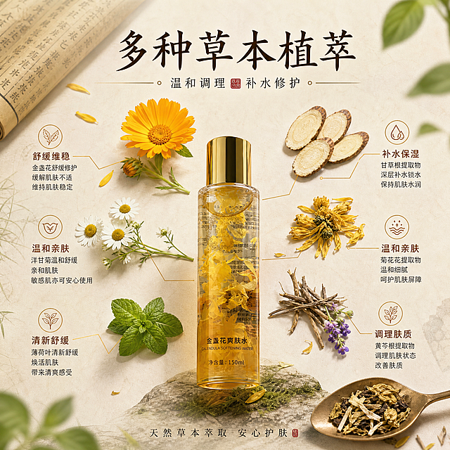 [主图-2] 多种草本成分解析图，突出天然草本萃取与护肤功效，中药风格。
[统一基调] 中药草本国风风格，主色调为琥珀金与草木绿搭配米白宣纸底，主标题用书法感宋体大字，辅助文字用干净细黑体，强调色为朱砂红，整体温润雅致有东方草本意境。
[画面] 产品瓶身位于画面下方居中，占画面约35%。瓶身上方及四周环绕悬浮多种真实草本植物原料：金盏花花朵、洋甘菊、甘草片、菊花瓣、薄荷叶、黄芩枝，每种草本用细金线引线连接到对应功效小图标。背景为浅米色宣纸纹理，左上角有虚化的古药方卷轴一角，右下角有铜制小药勺盛着干草本。整体成分环绕产品的构图，体现多种草本萃取的概念。
[光影质感] 柔和均匀顶光，草本植物真实自然有细节，瓶身玻璃通透有光泽，液体金黄透亮，成分与产品之间有空间层次感，商业静物摄影质感。
[配色] 主色草木绿+琥珀金+米白，草本植物自然本色，金线引线，深褐色说明文字。
[文字版式] 画面上方居中主标题大字「多种草本植萃」，下方副标题「温和调理 补水修护」。四周草本旁各配小图标+短文案：「舒缓维稳」「补水保湿」「温和亲肤」「调理肤质」，文字简洁不拥挤。底部小字标注「天然草本萃取 安心护肤」。
[输出要求] 1:1正方形比例，文字清晰可读，产品清晰不变形，草本真实自然，无错字，无水印，无化学成分结构式，无生产厂家信息。负向：模糊、变形、化学分子结构、工厂、实验室、西药元素。