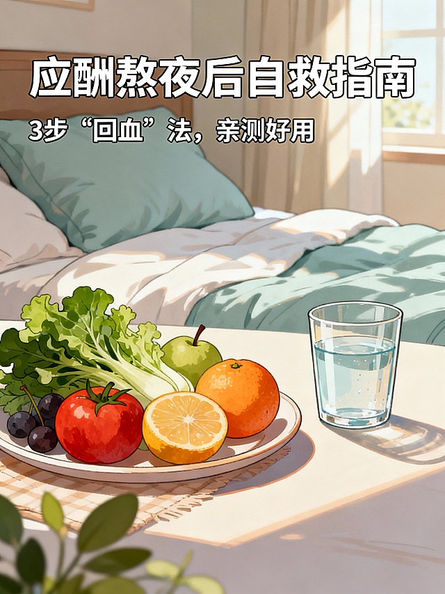 在图片的合适位置加入主标题：应酬熬夜后自救指南和 副标题： 3步“回血”法，亲测好用画面和文字相辅相成，自然融为一体，和谐融在一起，大师级排版，